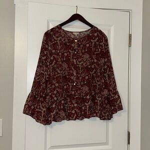 Button up ruffle sleeve and hem red floral sheer top max studio size M